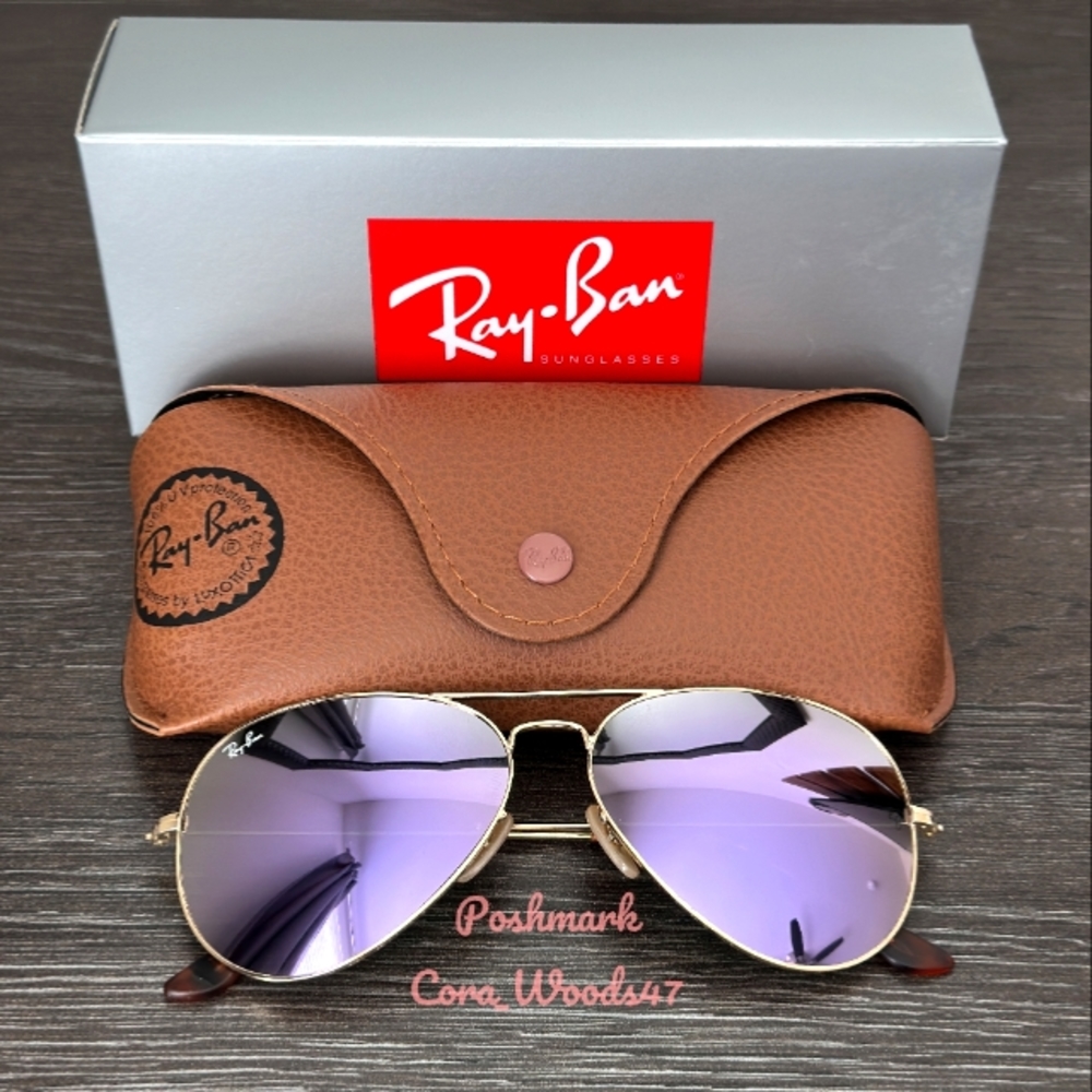 RayBan Aviator Purple Flash Lenses RB3025 Gold Frame 58 / 62 Unisex New - Picture 3 of 15